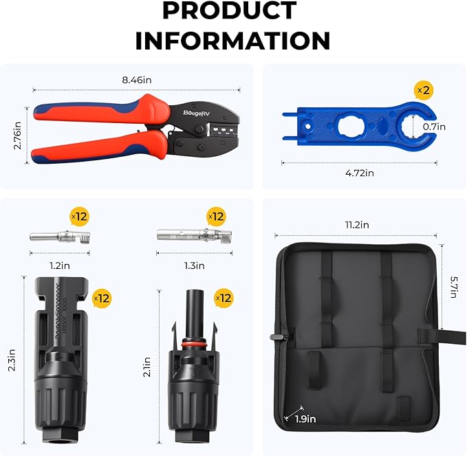 BougeRV Solar Crimper Tool Kit - Crimper, 12 Pairs Connectors, 2 Spanner Wrench for 14-10 AWG Solar Panel Cable Wire Crimping PV Assembly and Installation