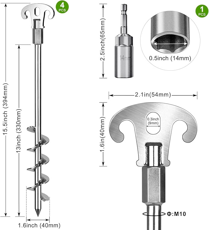 15 Inch Screw in Ground Anchors Kit(Pack of 4) Heavy Duty Tent Stakes, Double-Sided Welded Spiral Windproof Earth Anchors for Trampoline, Shed, Swing Set & Mobile Home