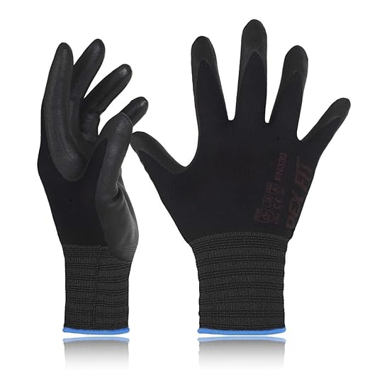 DEX FIT Nitrile Work Gloves FN330, 12 Pairs, 3D-Comfort Stretchy Fit, Firm Grip, Thin & Lightweight, Touch-Screen Compatible, Durable, Breathable & Cool, Machine Washable; Black L (9)