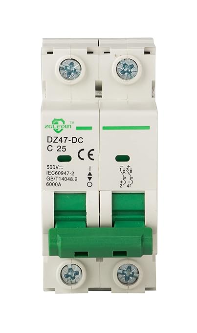 DC Miniature Circuit Breaker, 2 Pole 25 Amp, 250V-500VDC, 6kA Din Rail Mount Breaker with Thermal Magnetic Trip, DZ47-63 C25 2P, DC Solar MCB