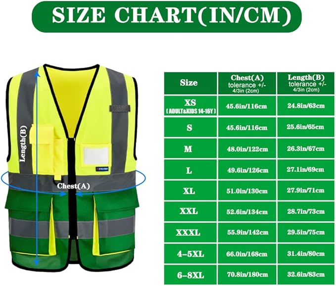 4XL 5XL Yellow green High Visibility REFLECTIVE WORK Safety Vest with zipper Reflective Strips 7 Pockets