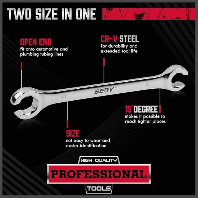 SEDY 4-Piece Flare Nut Wrench Set, Offset End Spanner Metric 9 10 11 12 13 14 15 17mm, CR-V Steel Storage Pouch Repair and Remove Nuts on Fuel Tube Hose Transmission Line