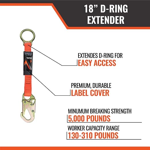 Malta Dynamics 18” D-Ring Extender with Snap Hook for Fall Protection and Roofing, OSHA/ANSI Compliant (8)