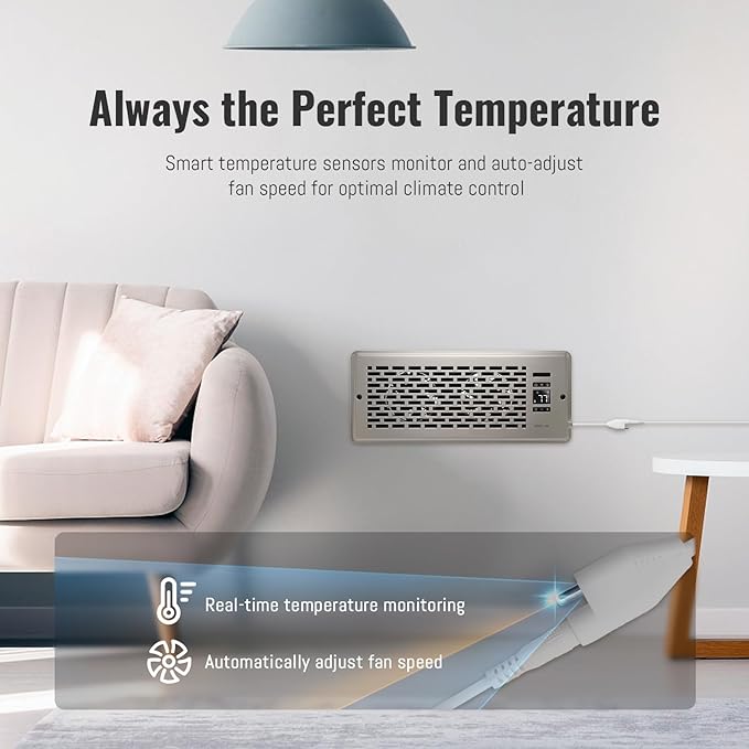 Register Booster Fan for 4" x 12" Register Holes, Quiet Vent Fan Booster with Intelligent Thermostat, Improves Heating Cooling, App Control, 10-Speeds, Manhattan Smart Register Vent, SN
