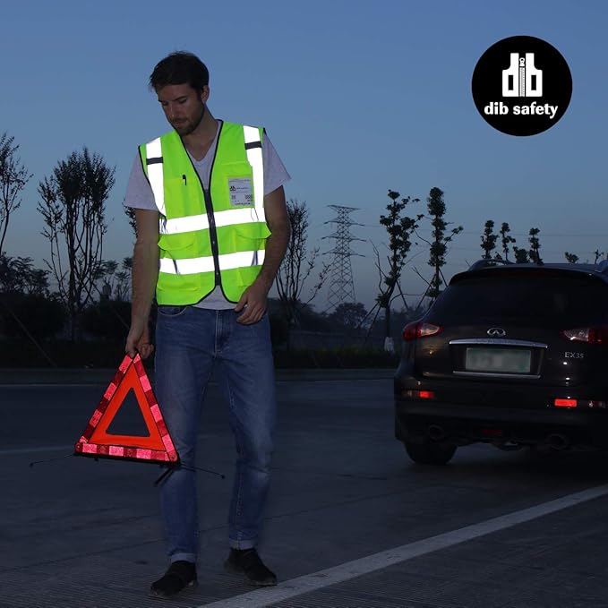 Dib Safety Reflective Vest ANSI Class 2, High Visibility Vest with Pockets and Zipper, Construction Work, Hi Vis