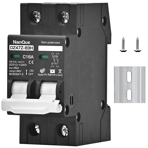 DC 260V 500V 600V 800V 1000V Circuit Breaker MCB Solar Panel Protector PV System Battery Discharge Protector Automatic AC DC Univesal Thermomagnetic Black Color (16A)