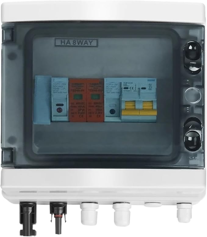 CAARLA Solar Combiner Box TOMZN PV Combiner Box with Solar photovoltaic 1 Input 1 Out DC 600V Fuse MCB SPD Box IP65(25A DC MCB)