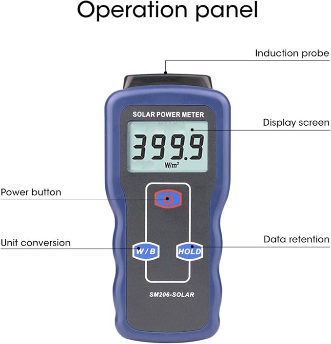 Solar Power Meter Digital Handheld Irradiance Tester for Sunlight Radiation PV Solar Panel Installation Photovoltaic Testing