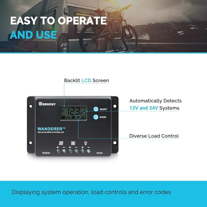 Renogy 10 Amp 12V/24V PWM Negative Ground Solar Charge Controller Compact Design w/LCD Display for AGM, Gel, Flooded and Lithium Battery, Wanderer 10A