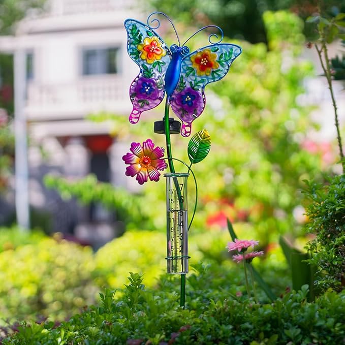Solar Rain Gauge Outdoor, Butterfly Rain Gauge, Decorative Stained Glass Rain Measure Tool, 7 Inch Tube Rainfall Measurement for Patio, Yard and Garden