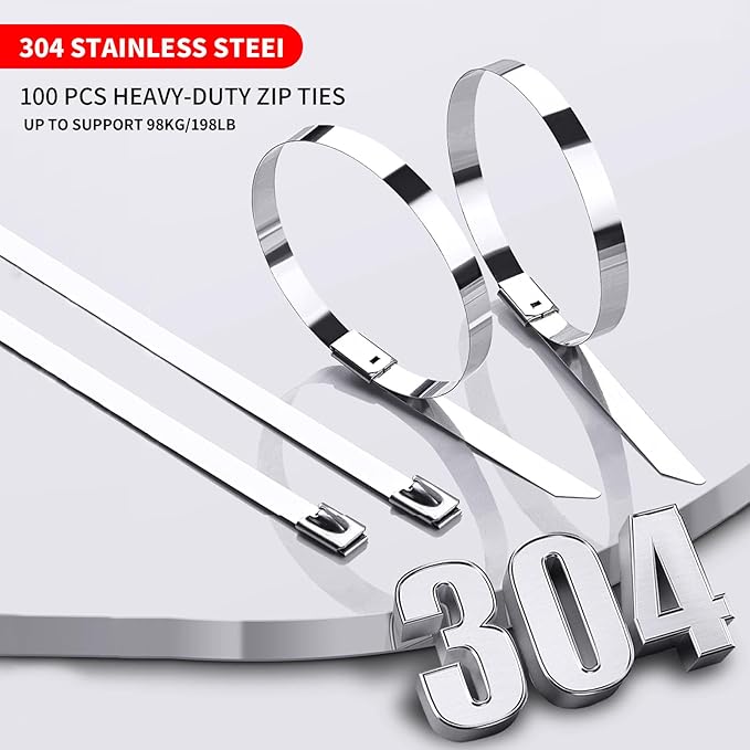 Metal Zip Ties 11.8 inch 100pcs 304 Stainless Steel Zip Ties Heavy Duty Multi-Purpose Self-Locking Cable Ties for Machinery, Vehicles, Exhaust Wrap, Farms, Pipes, Roofs, Cables, and Outdoor Fence