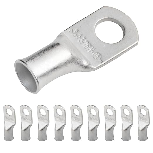 SELTERM 10pcs 4 AWG-5/16" Stud (Wide Pad) Tinned Copper Wire Lugs, Heavy Duty Battery Cable Ends,4 Guage Ring Terminals, UL Battery Lugs Marine Grade Copper Eyelets Battery Terminal Connectors