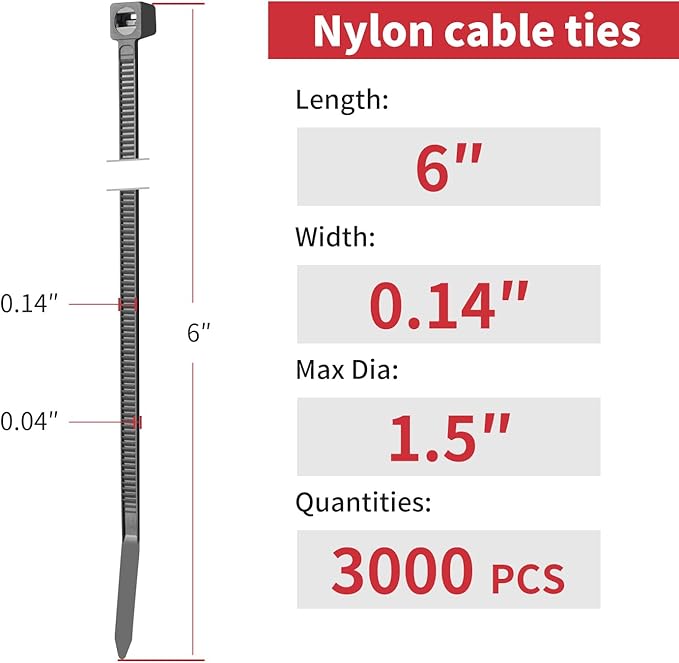 BethTie 3000 PCS Black Zip Ties 6 Inch, 40 LBS Tensile Strength, Self-Locking Nylon PA66 UV Resistant Cable Ties for Indoor and Outdoor Use