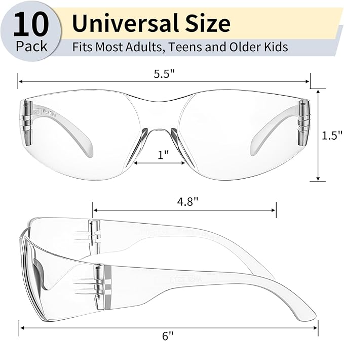 10 Pack Clear Safety Glasses for Men Women, ANSI Z87.1 Certified Scratch & Impact Resistant Wrap Around Lens