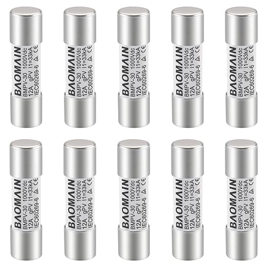 Baomain 10-Pack gPV Solar PV Fuse 12A 1000V DC, 10x38mm, 33kA Breaking Capacity, CE Listed for Photovoltaic Systems, Combiner Boxes (12 Amp.)