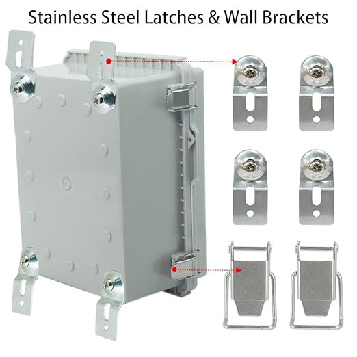 Junction Box, Hinged Cover Stainless Steel Latch IP67 Waterproof ABS Project Box with 2 Cable Glands, Electrical Box Enclosure with Mounting Plate & Wall Bracket 8.7 x 6.7 x 4.3inch