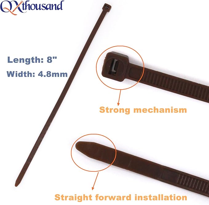 8 Inch Dark Brown Zip Ties 100 Pack, Wood Color Cable Ties UV Resistant Outdoor Use- 50lb Strength Zip Tie for Garland Gardening, PC Cable Management, Zipties Tightening Tools Sip Ties