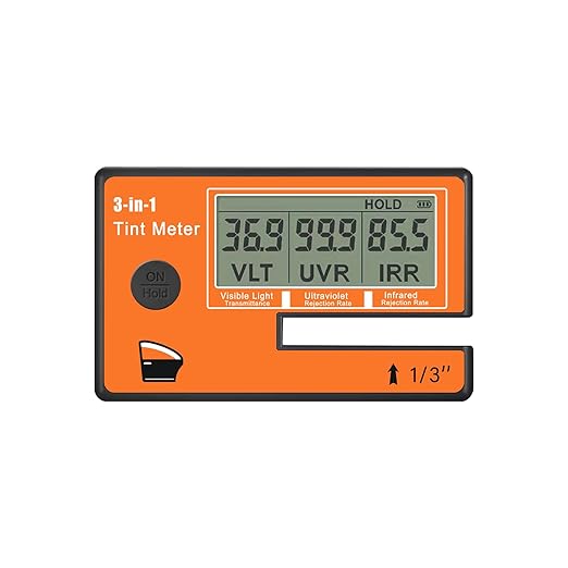 Window Tint Meter, 3-in-1 Solar Film Meter with VL/UV/IR Transmittance Tester, Portable Digital Side Window Tint Reader for Filmed Glass, Solar Film, Car Window - CR01