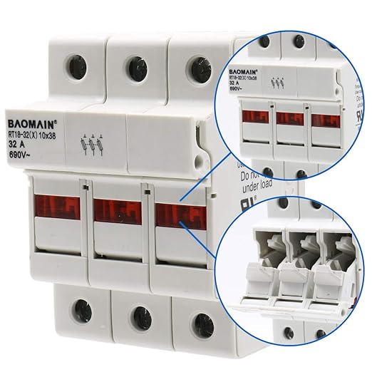 BAOMAIN 3 Pole Cylindrical Fuse Holder with LED Indicator, fits 10 x 38 mm Fuses, 32 Amp 690 VAC, 35mm DIN Rail Mount, 18 to 8 AWG, UL & CE Certified, RT18-32(X) Series (1 Pack)
