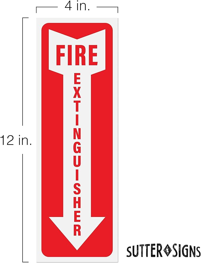 Fire Extinguisher Sign Stickers 12 Pack, 4" x 12" | Arrow Down Safety Decal Sticker Signs in Durable Self Adhesive Weatherproof Vinyl for use in Home, Office, Boat