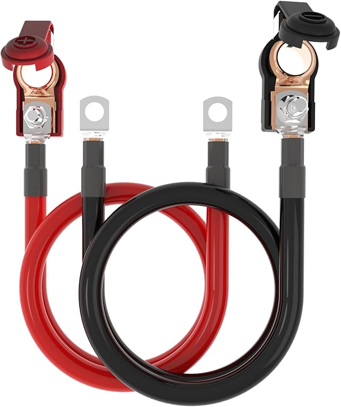 6 AWG Gauge Power Battery Cable with Battery Terminal Connectors 3/8" Lugs, 1.5FT Red + Black Pure Copper Battery Lead Wire for Automotive, Motorcycle, Marine, Boat