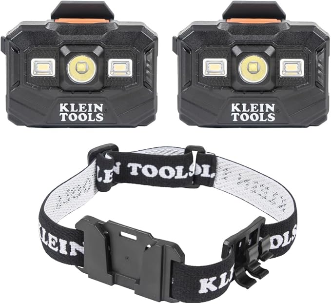 Klein Tools 80174 (2) Rechargeable LED Headlamps with Headlamp Bracket and Fabric Strap, 300 Lumen All-Day Runtime, for Klein Hard Hats, 3-Piece