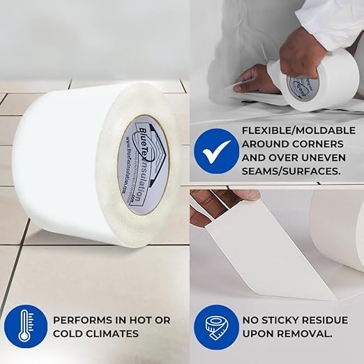 BlueTex Insulationㅤ 4'' Wide x 180' Long White Vapor Barrier Tape - 6 Rolls, Waterproofing for Stucco, Crawlspaces, Repair, Underlayment Seams, Metal Building Seams, Excellent Air Barrier
