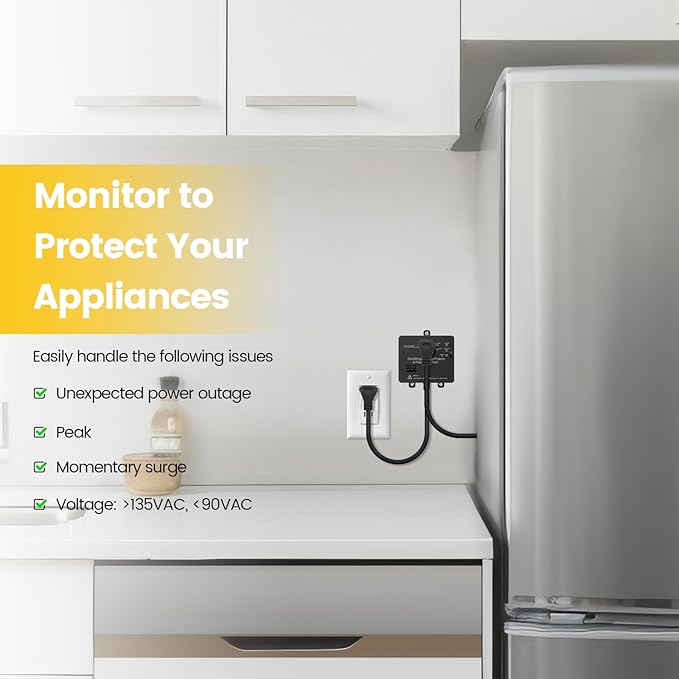 Ortis Refrigerator Surge Protector & Power Failure Alarm, Protects Against Voltage Abnormalities, with LED Indicator Light & 110dB Alarm, Ideal for Refrigerators, Freezers, and Sewage, Black