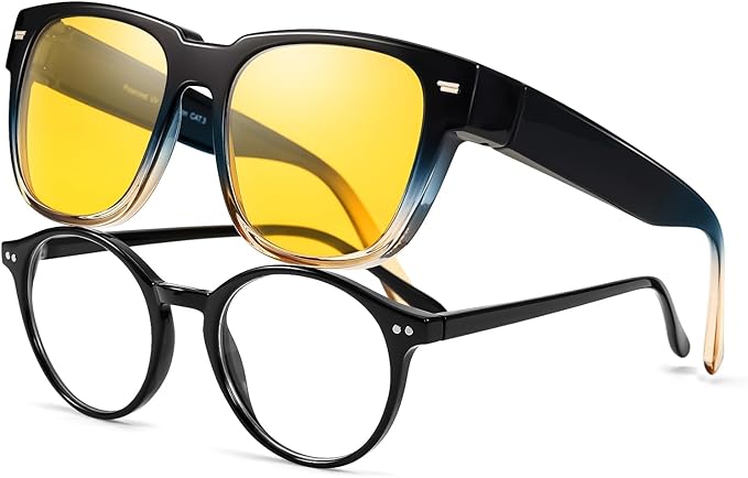 TJUTR Fit-Over Night Vision Driving Glasses for Men Women, Anti-Glare Polarized UV400 Yellow Lenses for Nighttime Safety