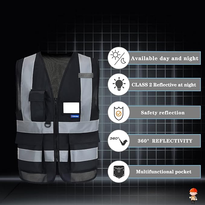 Reflective Security Safety Vests Heavy Duty with 7 Pockets and Front Zipper