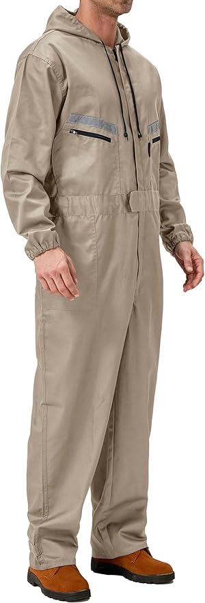 Mens Work Coveralls Mechanic Hooded Overall Workwear Jumpsuits Long Sleeve Hi Viz Coverall with Zippers