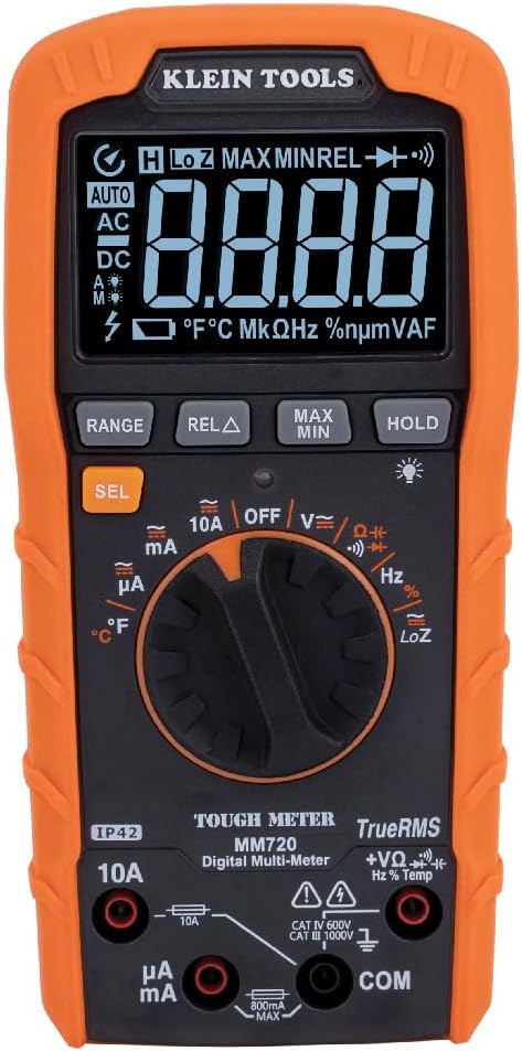 Klein Tools MM720 Digital Multimeter, Auto-Ranging TRMS, Low Impedance (LoZ), 1000V AC/DC Voltage, 10A AC/DC Current, 60 MOhms Resistance