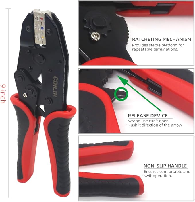Ratcheting Wire Crimping Tools Set,For Heat Shrink Terminals, Non-Insulated, Open Barrel, Solar Conncetors, Insulated and Non-Insulated Ferrules,Crimping pliers + 6-jaw set,Crimp tool
