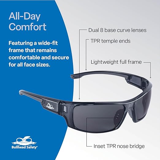 Bullhead Safety Eyewear Dorado Glasses – Enhanced Anti-Fog, Lightweight, Impact/Scratch Resistant, UV Blocking Sunglasses for Hunting/Shooting, Outdoor Sports, Construction, Smoke/Crystal Black