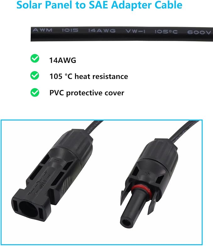 Solar Panel to SAE Adapter Cable 14AWG SAE Connector to Male & Female Solar Connectors Extension Wire for Solar Panels RVs Battery Charger kit with SAE Polarity Reverse Adapter 2FT