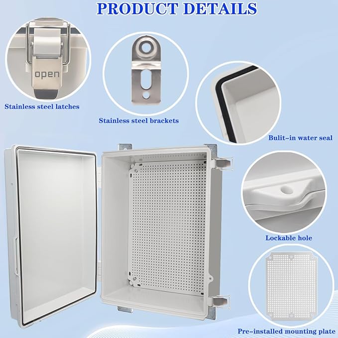 Waterproof Outdoor Electrical Box Junction Box Weatherproof IP67 ABS Plastic Enclosure Switch Router Project Box with Mounting Plate with Wall Bracket 2 Cable Glands Grey 16" x 12" x 7"
