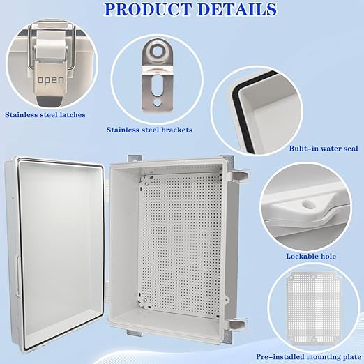 Waterproof Electrical Box, IP67 Junction Box Stainless Steel Latch Hinged Grey Cover Project Enclosure with Wall Bracket 16.1"x12.2"x7.1"