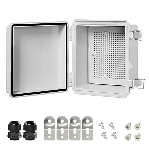 LeMotech Electrical Box, IP67 Waterproof Hinged Cover Stainless Steel Latch Junction Box, ABS Plastic Electrical Enclosure with Mounting Plate,Wall Brackets, Cable Glands,5.9"x5.9"x3.5",Grey