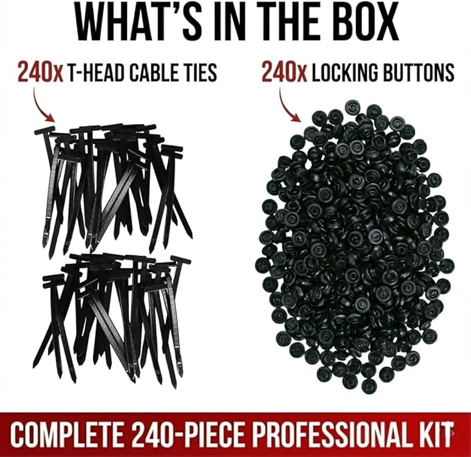 Heavy Duty UV-resistant Nylon Universal Cable Tie Buckle, Self-Locking Automotive Snap T Zip Ties for Auto Car Fenders & Repairs, Multi-Purpose Quick-Fix Fasteners (240 Pcs Bulk (Buckles Only))