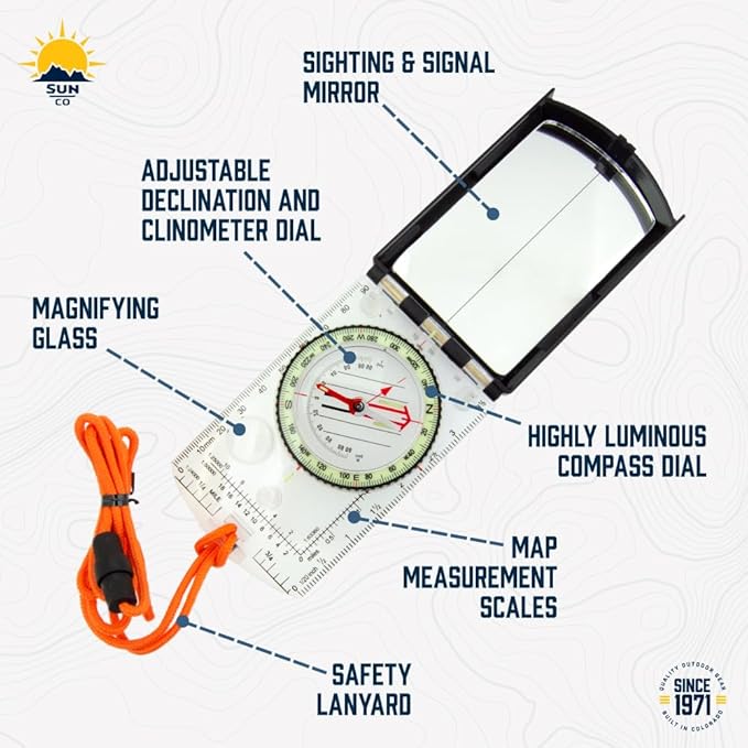 Sun Company ProSight Sighting Map Compass with Adjustable Declination - Lightweight Orienteering Baseplate Compass for Hiking, Backpacking, and Survival Navigation | Professional Grade