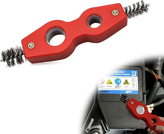 4 in 1 Car Battery Terminal Cleaners Anti-Corrosion Steel Wire Brush Heads, Cleans Inside Outside Thread, for Battery Terminals Machine Parts Cleaner Tool for Automotive and Marine(Red