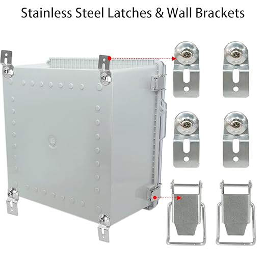 Junction Box, Hinged Clear Cover Stainless Steel Latch IP67 Waterproof ABS Project Box with 2 PG13.5 Cable Gland,Electrical Box Enclosure with Mounting Plate & Wall Bracket 11.8 x 11.8 x