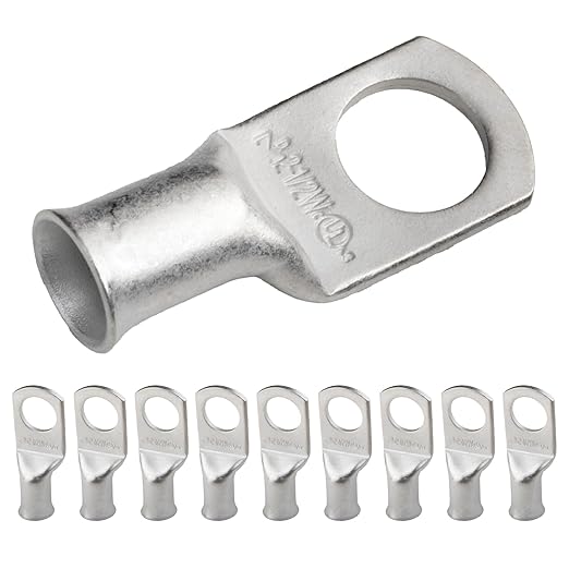SELTERM 10pcs 2 AWG-1/2" Stud Tinned Copper Wire Lugs, Heavy Duty Battery Cable Ends,2 Gauge Ring Terminals, UL Battery Lugs Marine Grade Copper Eyelets Electrical Battery Terminal Connectors