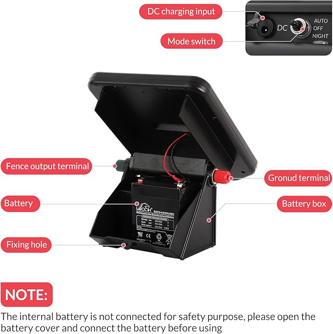 10 Miles Solar Electric Fence Charger with Day/Night Mode, 0.16J Portable Solar Fence Charger with Rechargeable Solar Panel for 24-Hour Uninterrupted Protection Electric Fence Energizer