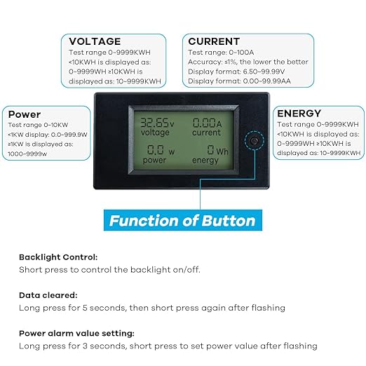 DC 6.5-100V 0-100A LCD Display Digital Power Monitoring Meter Voltage Current Power Energy Meter Ammeter Voltmeter Multimeter with 100A Current Shunt