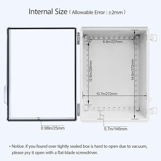 LeMotech Electrical Box, IP67 Waterproof Hinged Clear Cover Stainless Steel Latch Junction Box, ABS Plastic Electrical Enclosure with Mounting Plate,Wall Brackets, Cable Glands,15.7"x11.8"x7.0",Grey