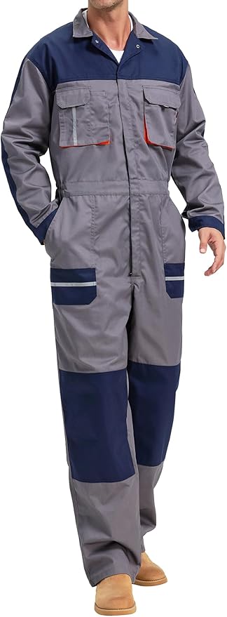 Men's Work Coveralls Multi Pockets Garage Work Jumpsuit Zip Coverall One Piece Workwear Mechanic Overalls