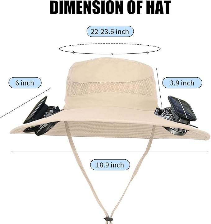 Wide Brim Outdoor Solar Fan Hat, UPF 50+ Fishing Hat for Man with 2 Solar Fan, 3 Modes 180°Rotating Fan Hats