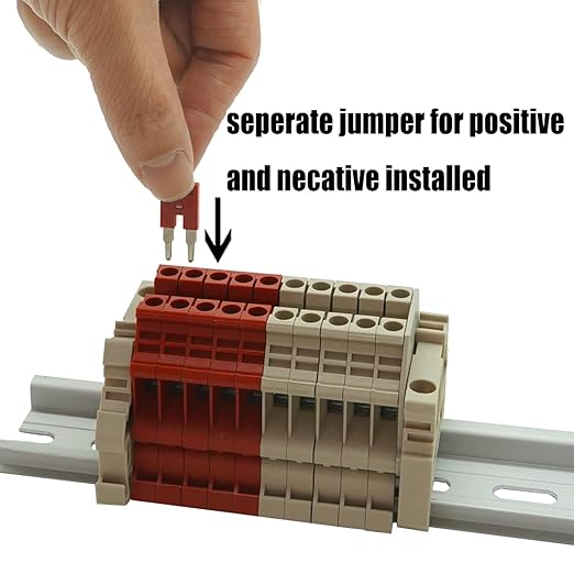 UL Red/Grey 10 Gang DIN Rail Terminal Blocks, with (8) 2P Jumpers,Dinkle DK4N 10-22 AWG, 30 Amp, 600 Volt