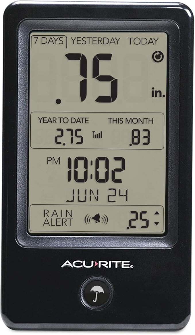 AcuRite Wireless Rain Gauge with Self-Emptying Rain Collector with Rainfall History, Alerts, and Current Date and Time (02446M)